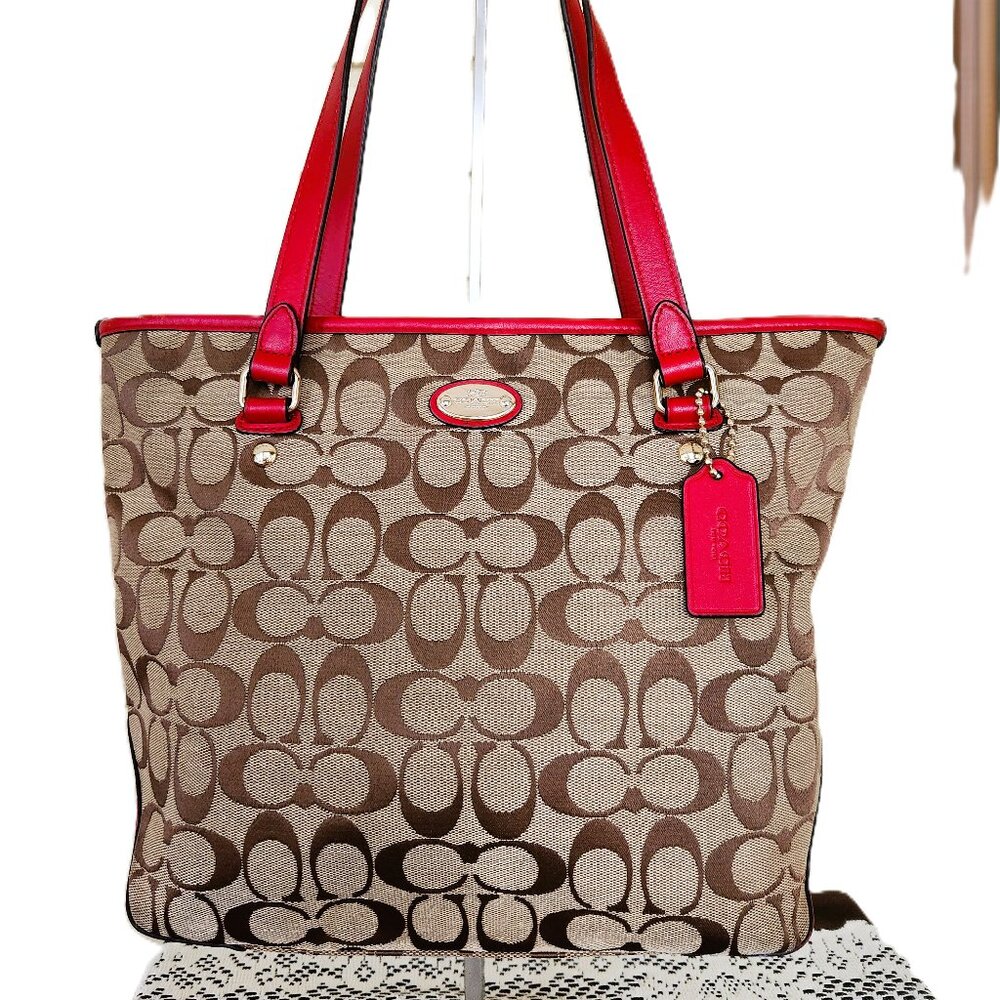 Coach Signature Khaki & Red Leather Medium Handbag Satchel Purse
